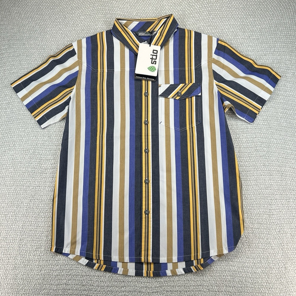 Stio Shirt Mens Medium Muted Mist Stripe Curtis Camp Outdoor Gorpcore Retro